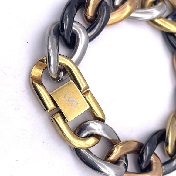 Stainless Steel Chunky Link Chain Bracelet Tow Tone Fold Over Closure - Picture 4 of 5